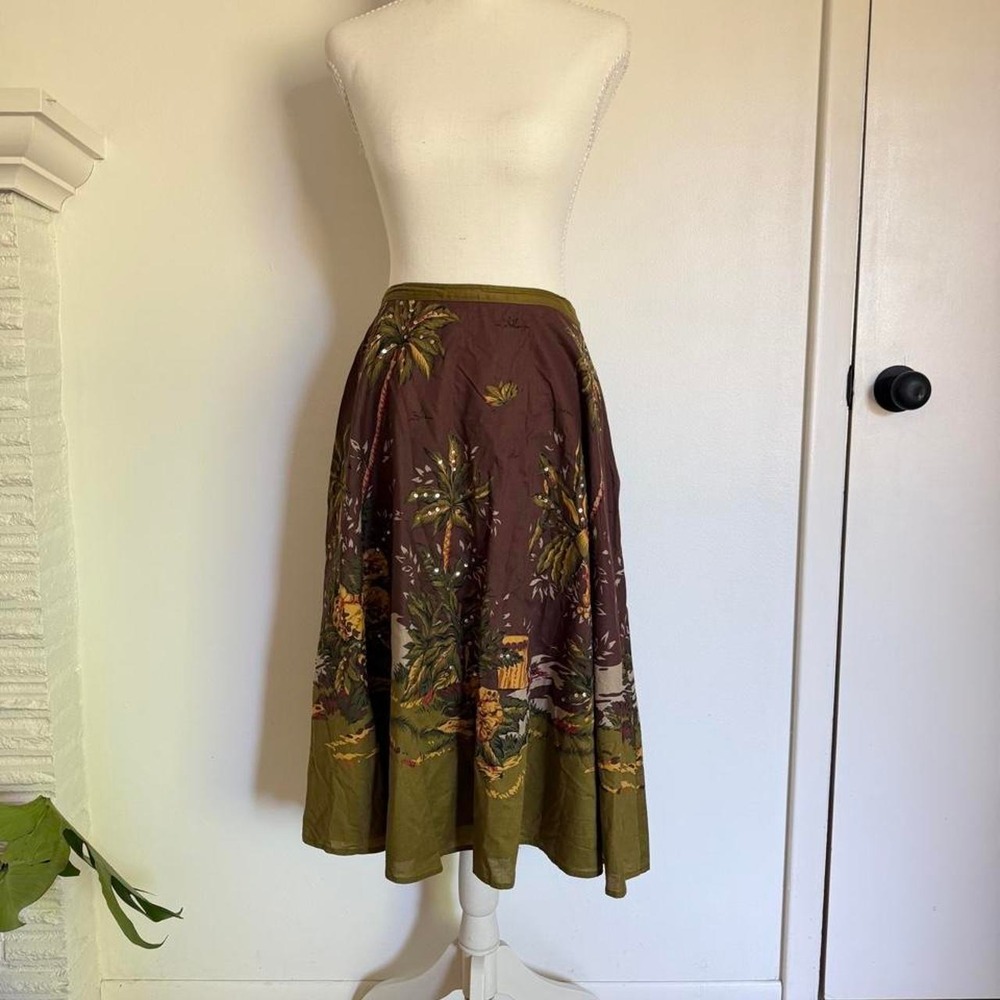 Good Clothes brown and green tropical print cotton midi skirt with palm trees